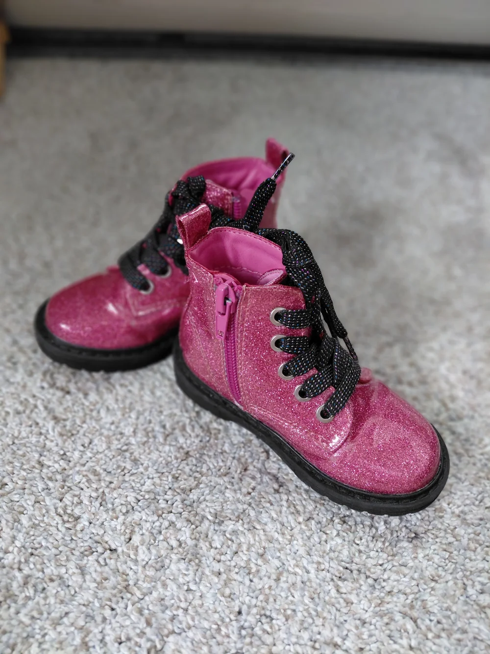 Toddler Girls' Sparkle Lace-Up Pink Booties with Sturdy Black Sole